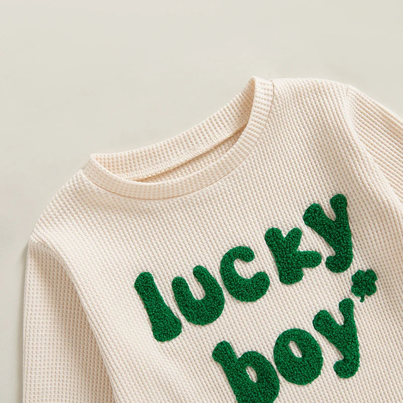 Lioraitiin Toddler Baby Boy St Patricks Day Outfit Letter Embroidery Long Sleeve Waffle Knit Sweatshirt and Pants Set