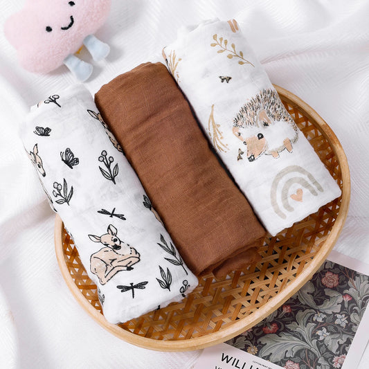 Elinfant 3PCS Print With Solid Color 100% Cotton Muslin Swaddle Blanket,Baby Sleeping Quilt For Summer,Stroller Cover