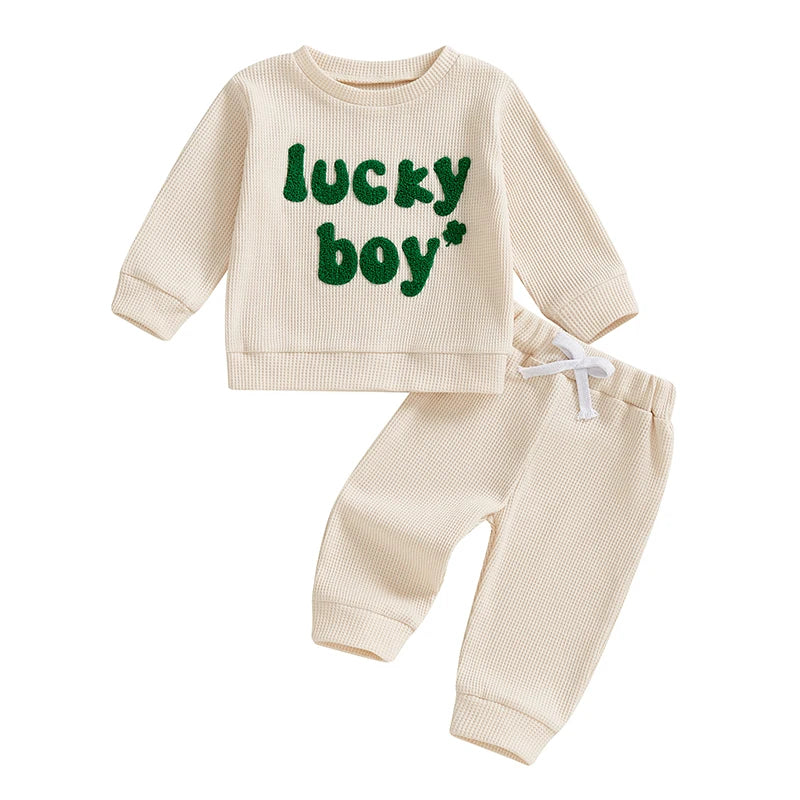 Lioraitiin Toddler Baby Boy St Patricks Day Outfit Letter Embroidery Long Sleeve Waffle Knit Sweatshirt and Pants Set