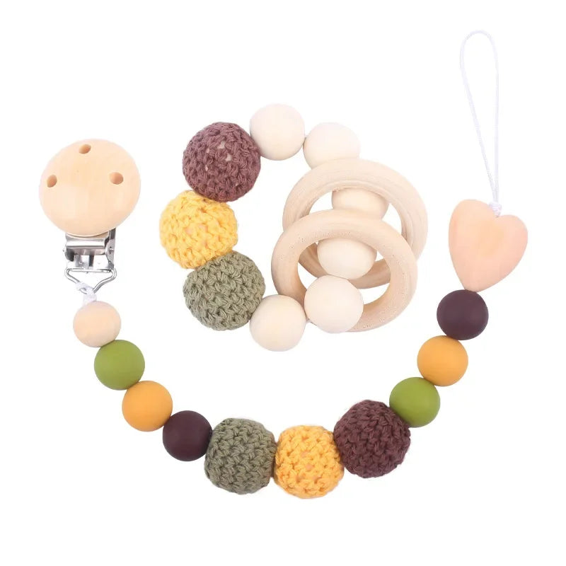 1-2 pcs Baby Pacifier Clip Wooden Teethers Bracelet Set Silicone Beads Babies Soothe Nipple Teething Toys Anti-lost Chain Newborn