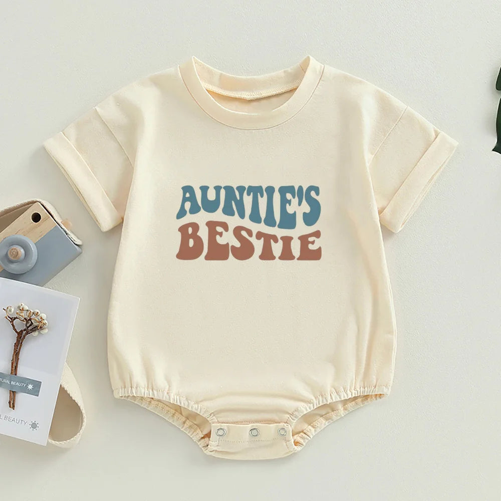 Auntie's Little Bestie Bubble Romper Newborn Baby Girl Boy Clothes Summer Short Sleeve Crewneck Cute Bodysuit Top Outfit