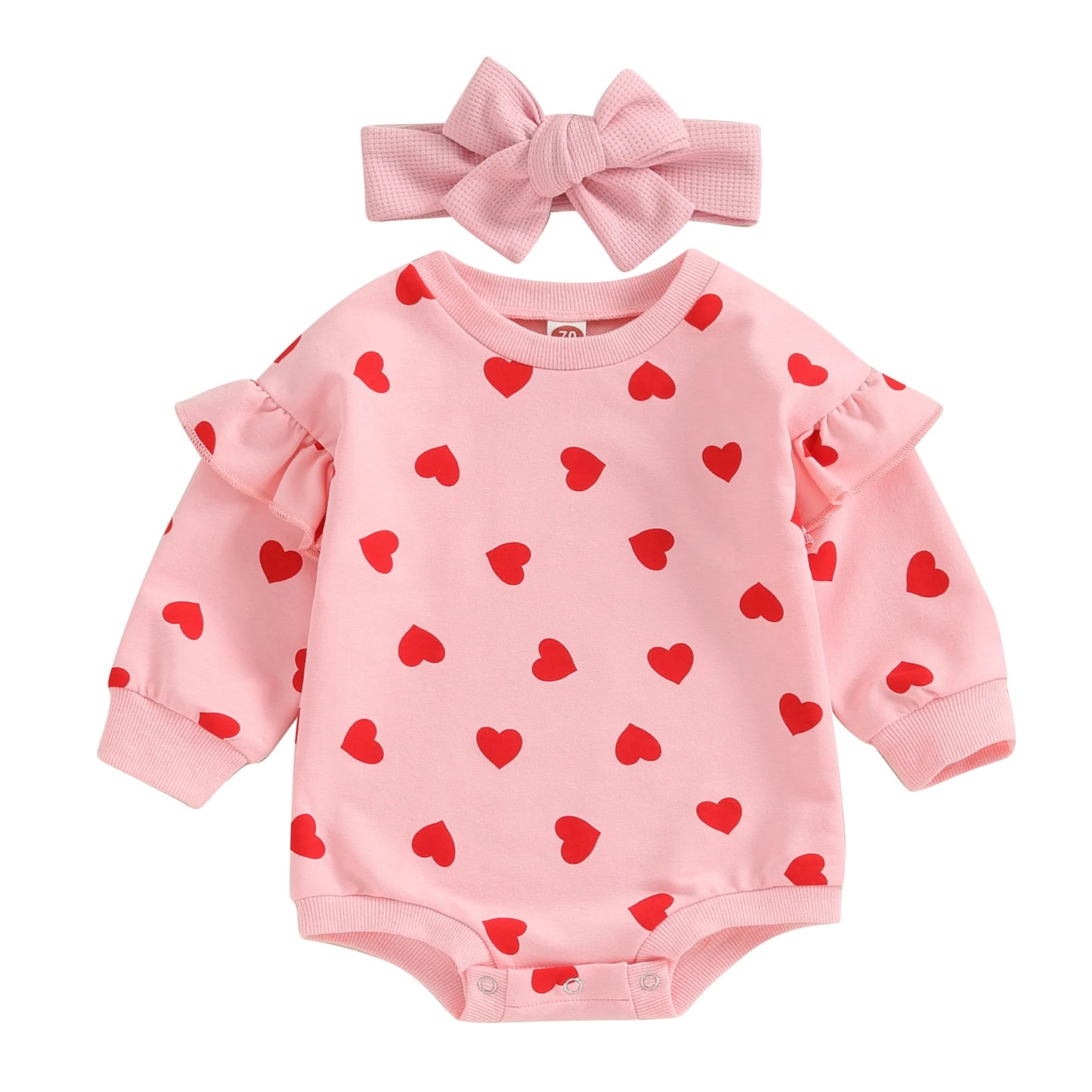 Citgeett Spring Valentine's Day Infant Baby Girl Outfits Ruffle Long Sleeve Heart Print Bodysuit Headband Set Autumn Clothes