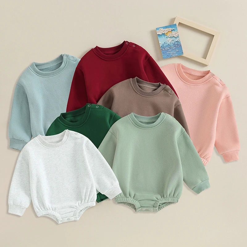 Lioraitiin 0-18M Newborn Baby Boy Girl Outfits Fleece Solid Color Bubble Bodysuit Sweatshirt Long Sleeve Warm Clothes