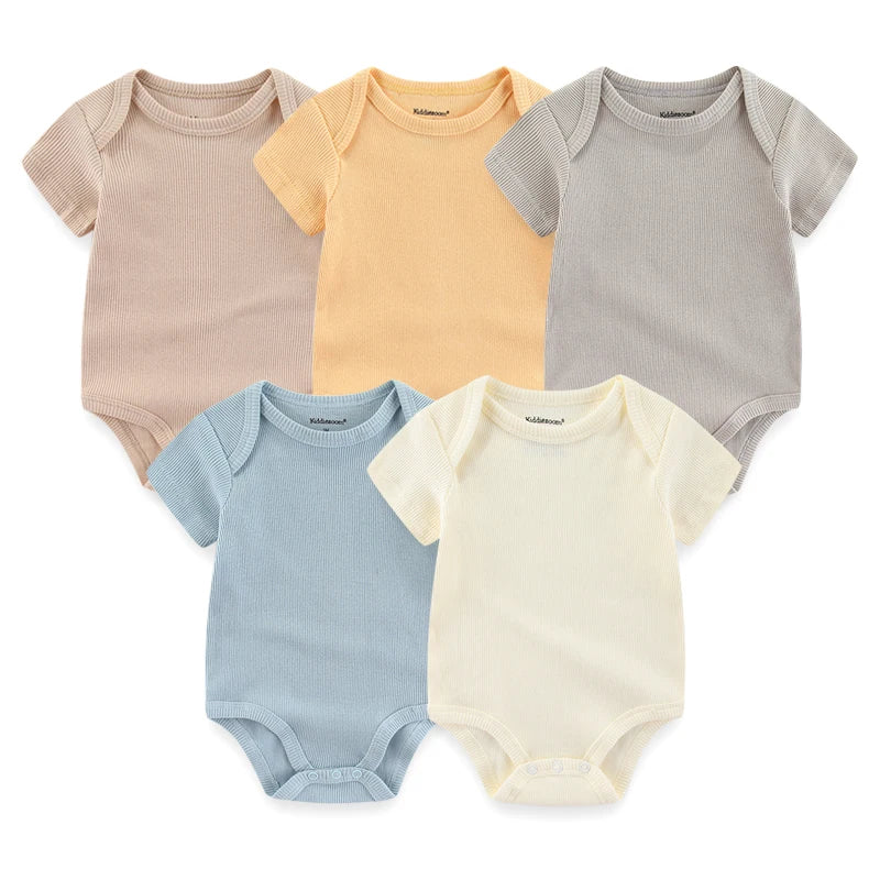 Solid Color 5Pieces Unisex Ribbed Cotton Newborn Baby Girl Clothes Set Short Sleeve Bodysuits Baby Boy Clothes Summer