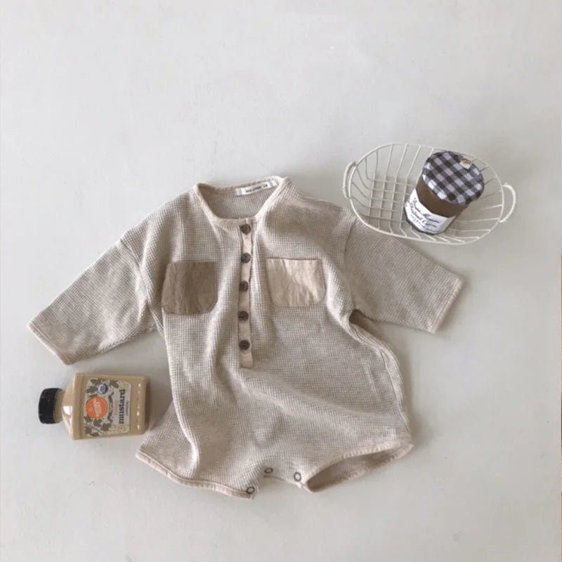 Newborn Baby Girl Boy Cotton Romper Long Sleeve Waffle Jumpsuit Toddler Child Solid Color Pocket Pullover Baby Clothes 3-18M