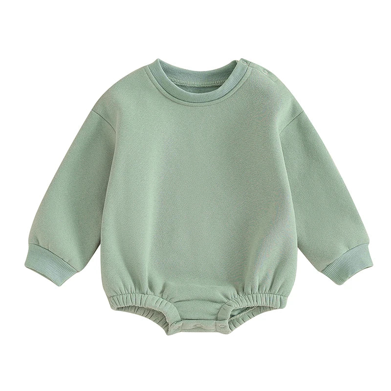 Lioraitiin 0-18M Newborn Baby Boy Girl Outfits Fleece Solid Color Bubble Bodysuit Sweatshirt Long Sleeve Warm Clothes