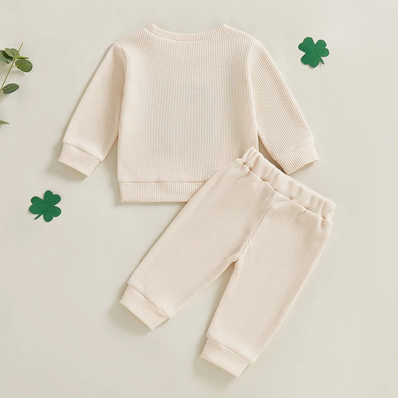 Lioraitiin Toddler Baby Boy St Patricks Day Outfit Letter Embroidery Long Sleeve Waffle Knit Sweatshirt and Pants Set