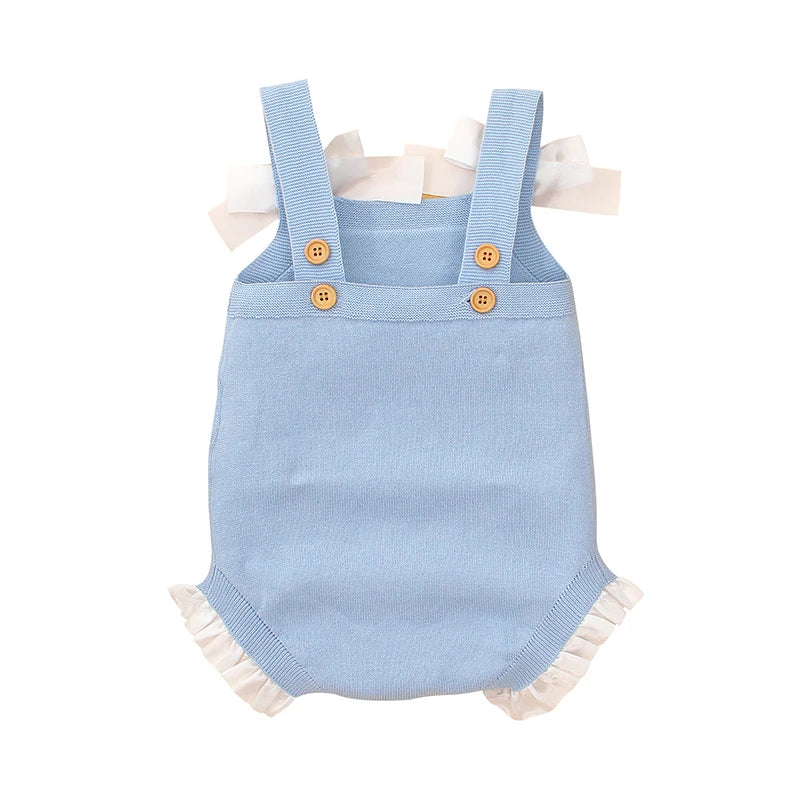 Adorable Bowknot Spaghetti Straps Knitted Sleeveless Newborn Baby Girls Cotton Rompers Breathable Baby Bodysuit For Summer