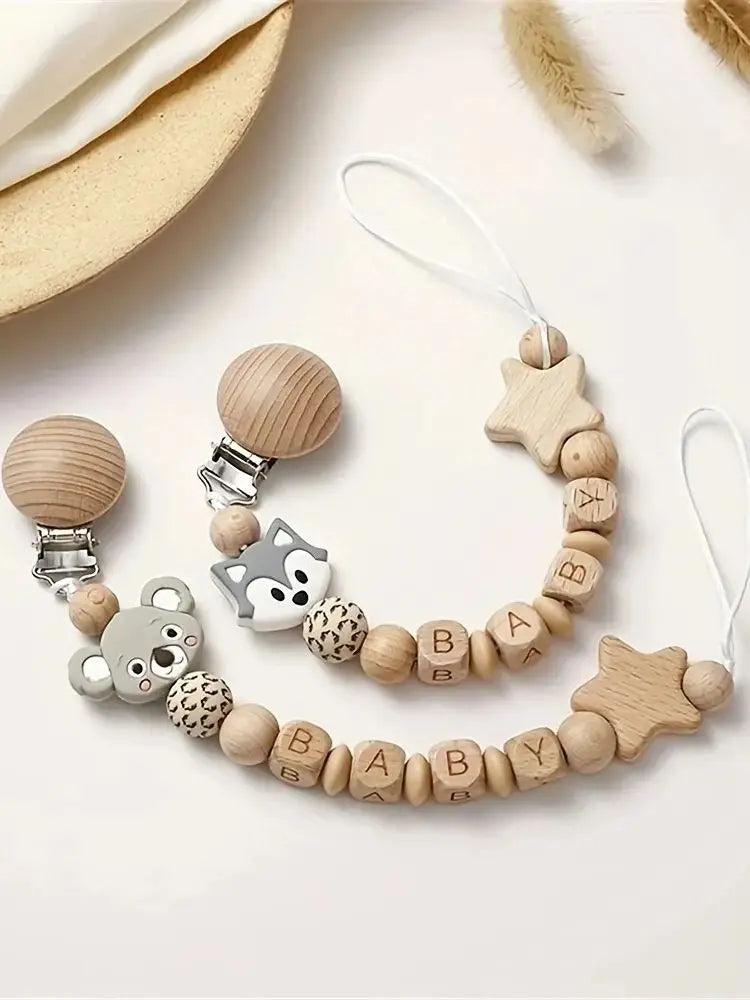 Baby Pacifier Clips Wooden Dummy Nipple Holder Clip Chain Silicone Bear Koala Animal Pacifiers Teething Toys