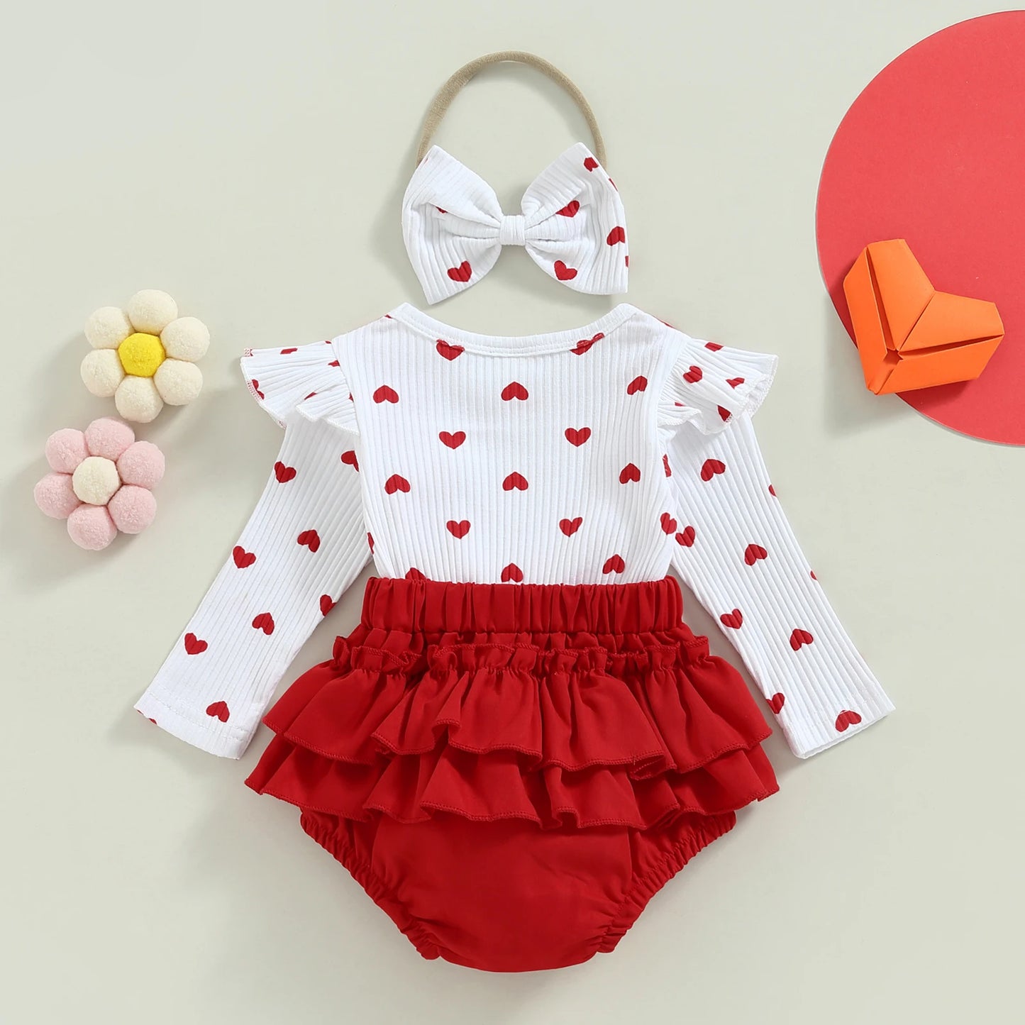 Valentines Day Infant Baby Girls Romper Heart Print Long Fly Sleeve Crew Neck Ruffles Jumpsuits Baby Jumpsuit with Bow Headband