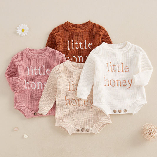 Newborn Baby Boy Girl Sweater Romper Letter Embroidery Long Sleeve Round Neck Knit Jumpsuit Infant Fall Winter Clothes