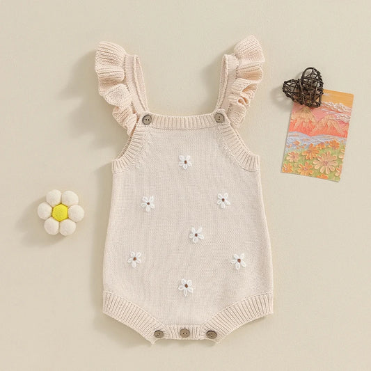 Lioraitiin Newborn Baby Girls Knitted Rompers Spring Summer Toddler Kids Ruffles Floral Embroidery Jumpsuits Playsuits Clothes