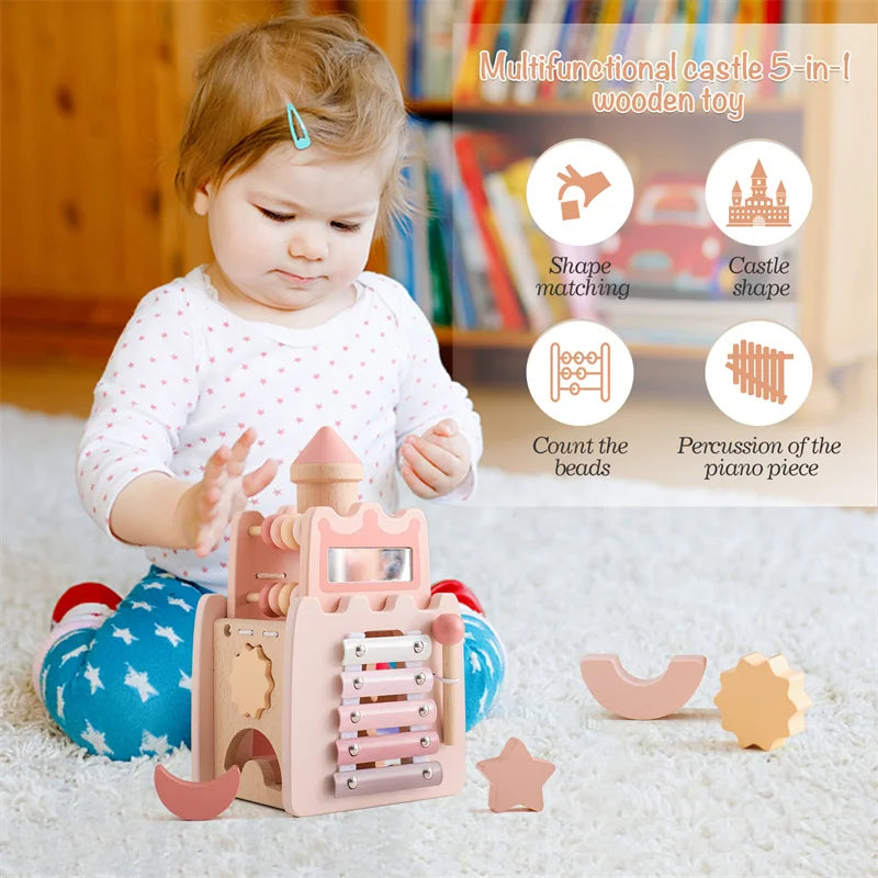 Baby Montessori Toy Wooden Five-in-one Mushroom Castle Stacking Puzzle Toy Kid Houses Blocks Early Childhood Education Game Gift