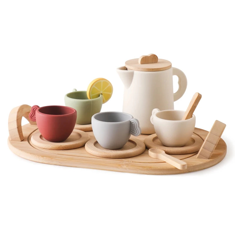 Wooden Children Montessori Toy Teapot Teacup Simulation Kitchen Utensil  BPA Free Silicone Kid Education Pretend Play Toy Gift