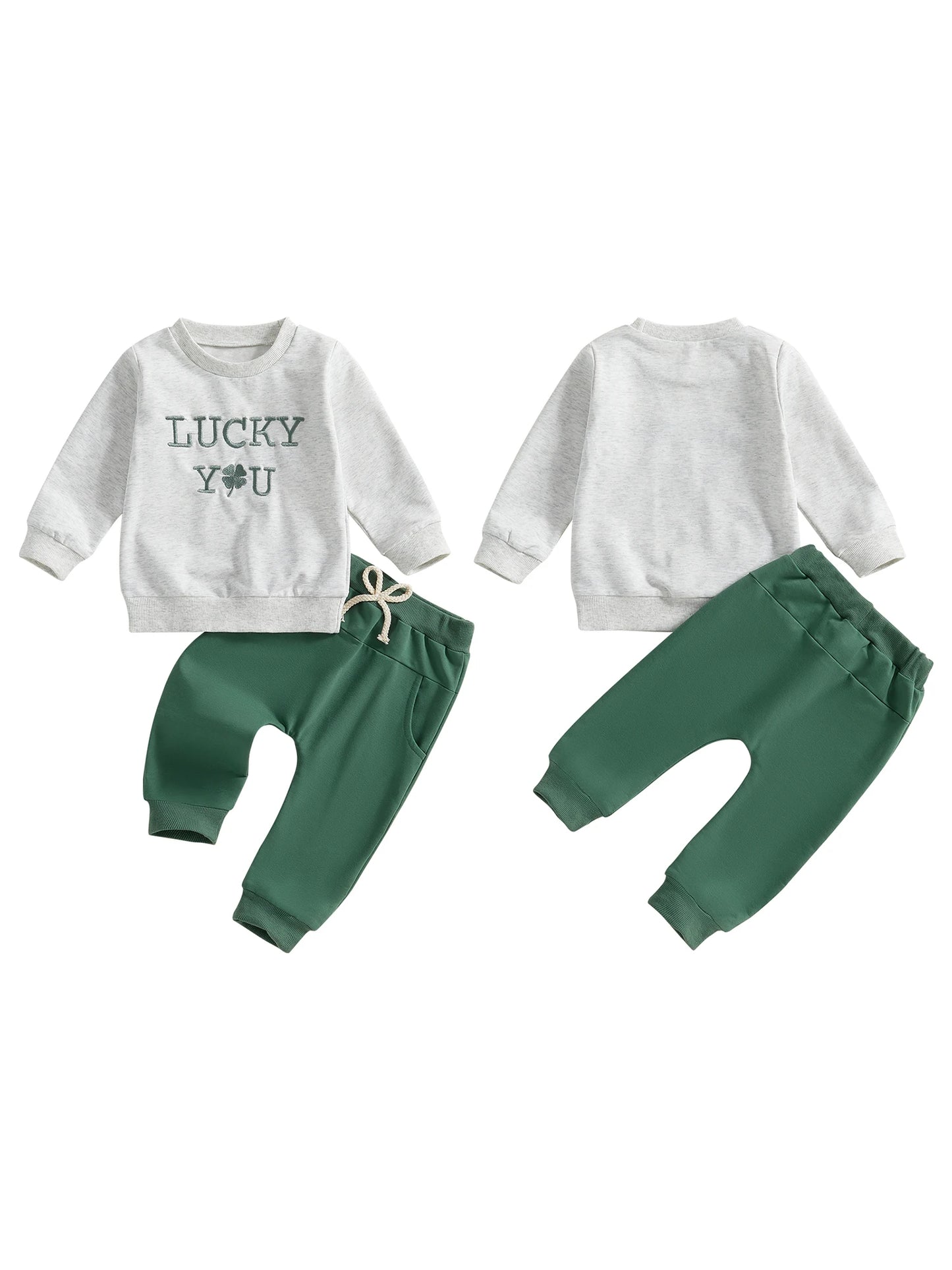 Toddler 2-Piece Spring Ensemble with Shamrock Embroidery Sweatshirt and Pants - St Patrick s Day Outfit for Baby Boy or Girl