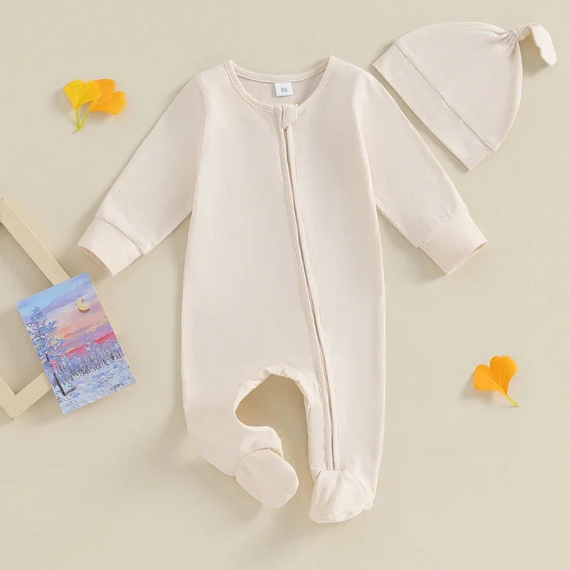 Autumn Newborn Infant Baby Boys Girls Footies Romper Playsuit Solid Cotton Long Sleeve Baby Zipper Jumpsuit Newborn Clothes