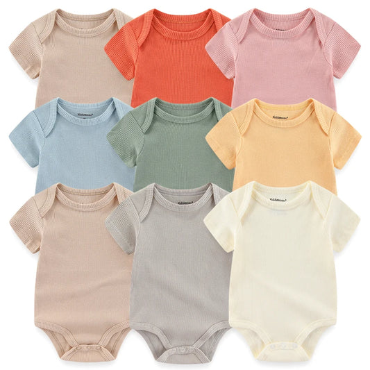 Solid Color 5Pieces Unisex Ribbed Cotton Newborn Baby Girl Clothes Set Short Sleeve Bodysuits Baby Boy Clothes Summer