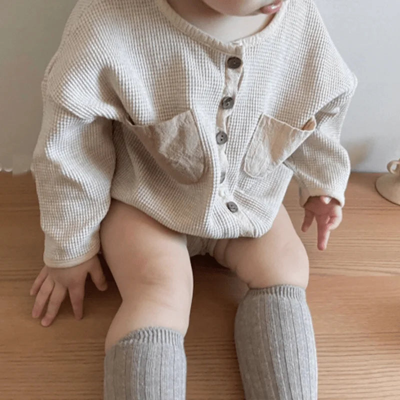 Newborn Baby Girl Boy Cotton Romper Long Sleeve Waffle Jumpsuit Toddler Child Solid Color Pocket Pullover Baby Clothes 3-18M