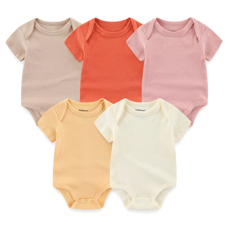 Solid Color 5Pieces Unisex Ribbed Cotton Newborn Baby Girl Clothes Set Short Sleeve Bodysuits Baby Boy Clothes Summer