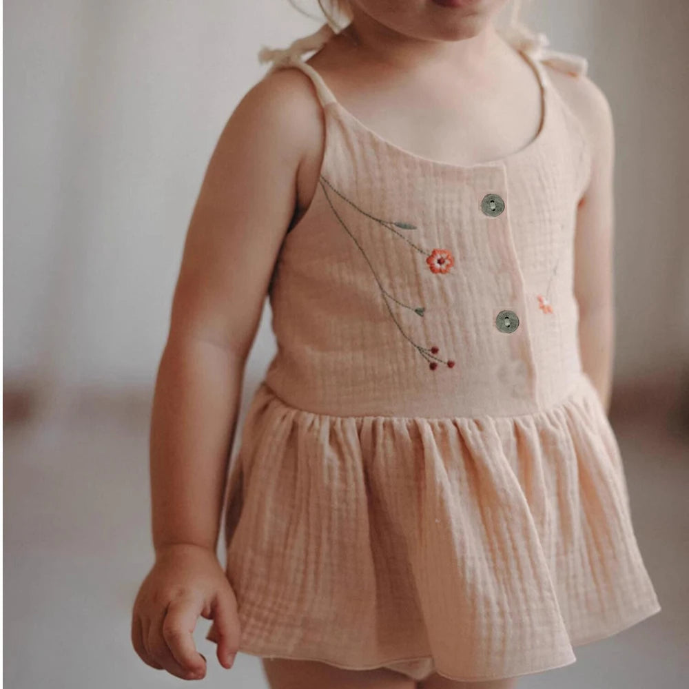 Baby Girls Rompers Dress Summer Vintage Floral Infant Sleeveless Embroidery Jumpsuit for Toddler One-Piece Dress-like Bodysuits