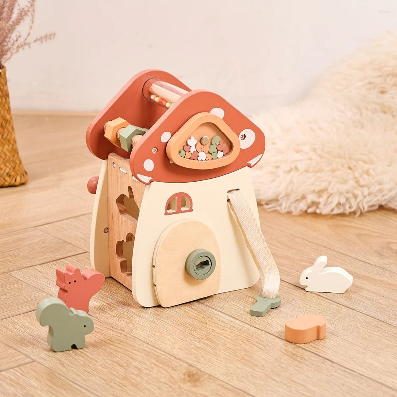 Baby Montessori Toy Wooden Five-in-one Mushroom Castle Stacking Puzzle Toy Kid Houses Blocks Early Childhood Education Game Gift