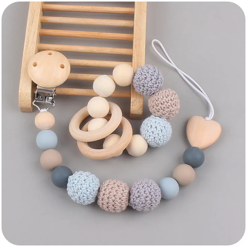 1-2 pcs Baby Pacifier Clip Wooden Teethers Bracelet Set Silicone Beads Babies Soothe Nipple Teething Toys Anti-lost Chain Newborn