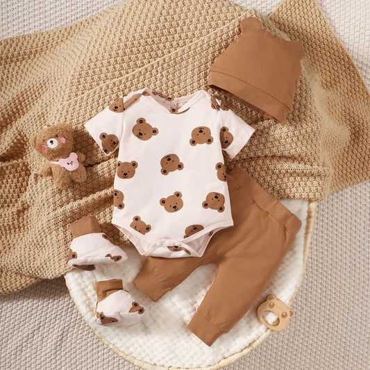 0-9 Months Newborn Baby Boy 4PCS Clothing Set Bear Print Short/Long Sleeve Bodysuit+Pants+Hat+Sock Cute Baby Photograph Outfit