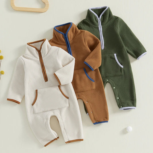 Lioraitiin 0-12M Autumn Winter Baby Boys Fleece Romper Long Sleeve Stand Collar Pockets Plush Overalls Jumpsuits with Zipper