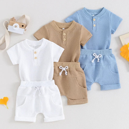 Baby Solid Waffle Sets Newborn Infant Boys Summer Cotton Short Sleeve Button Romper with Shorts Toddler Outfit 0-12M