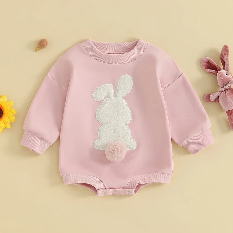 Citgeett Spring Easter Infant Baby Boys Girls Fall Sweatshirt Jumpsuit Bunny Embroidery Long Sleeve Bodysuit Clothes