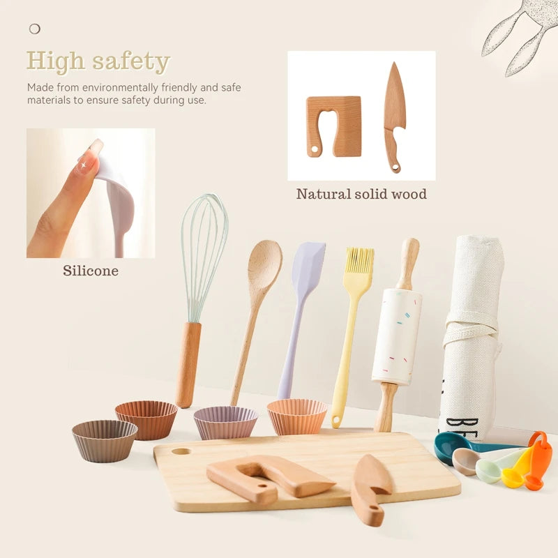 Montessori Kids Play Kitchen Set Pretend Play Cooking Toys Set Kitchen Toys Playset For Toddlers Cutting Board Apron for Kids