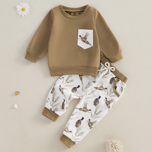 Lioraitiin Baby Boy Girl Outfits Wild Goose Print Pullover Sweatshirt Elastic Waist Pants with Pockets Clothes Set