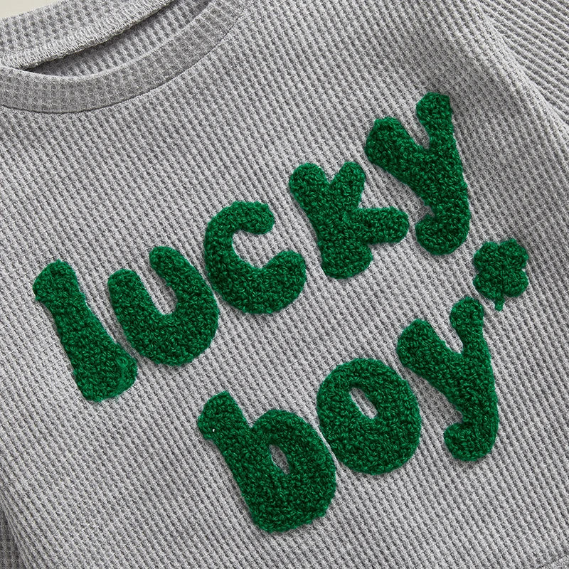 Lioraitiin Toddler Baby Boy St Patricks Day Outfit Letter Embroidery Long Sleeve Waffle Knit Sweatshirt and Pants Set