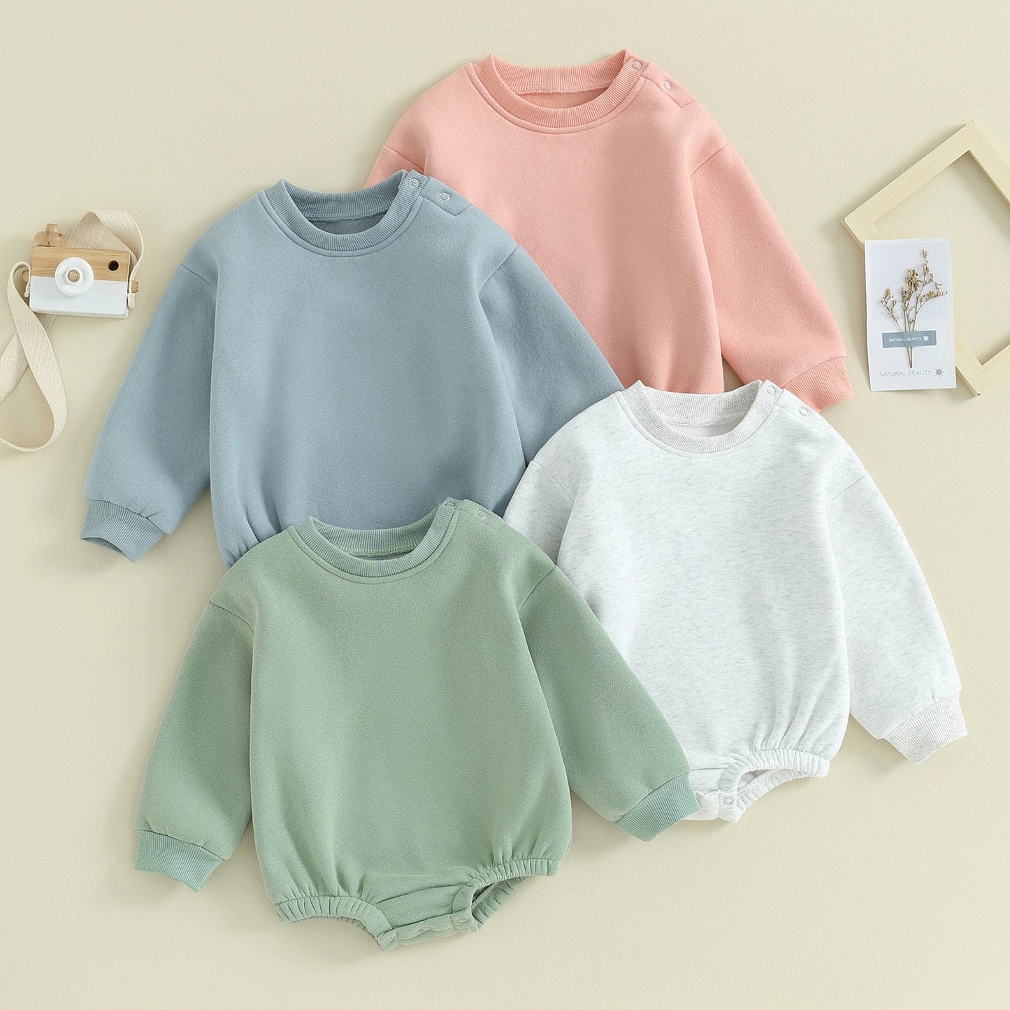 Lioraitiin 0-18M Newborn Baby Boy Girl Outfits Fleece Solid Color Bubble Bodysuit Sweatshirt Long Sleeve Warm Clothes