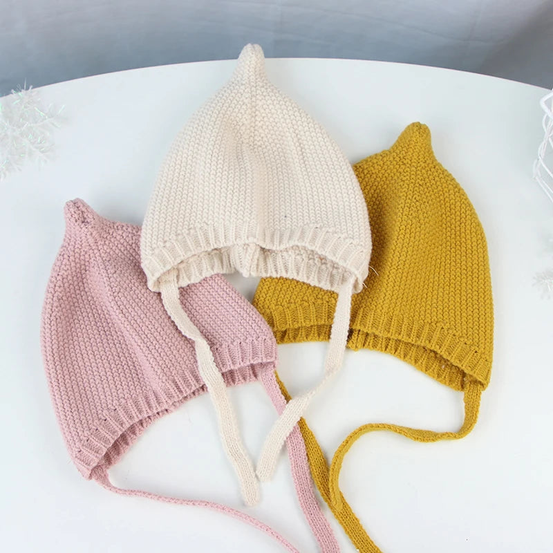 Candy Color Baby Knit Hat Autumn Winter Infant Ear Protection Cap Cute Cartoon Kids Boy Girl Lacing Beanie Caps