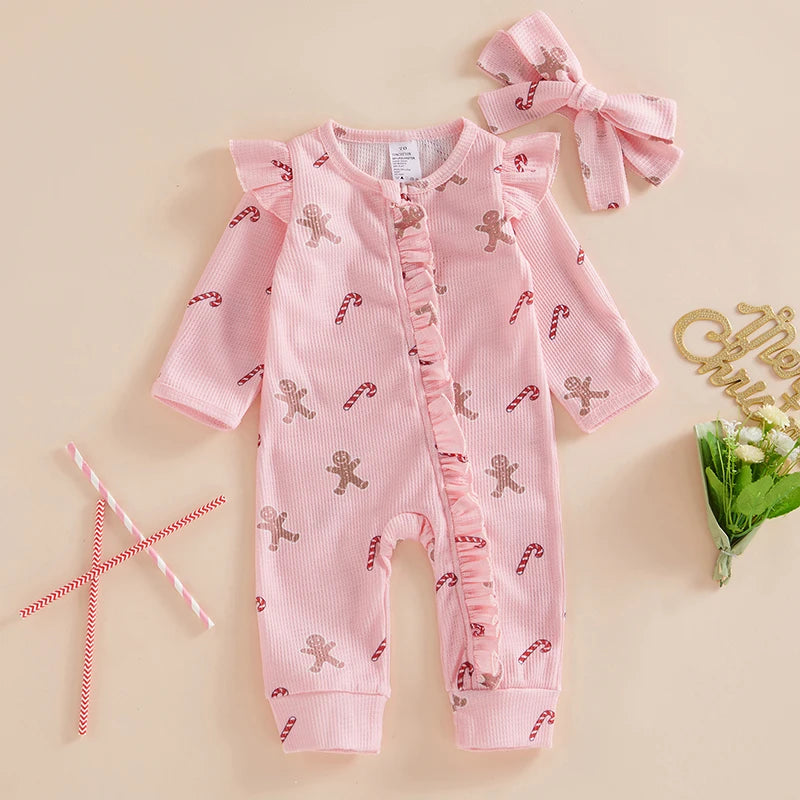 Baby Girl Christmas Outfit Gingerbread Man Jumpsuit Candy Cane Bodysuit Bow Neutral Fall Winter 1 Piece Romper