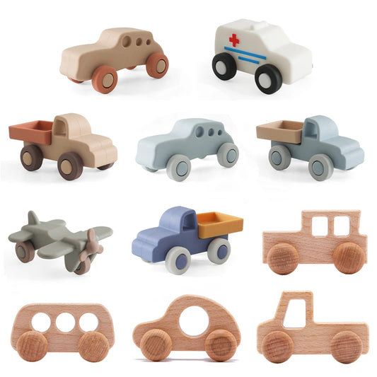 Baby BPA Free Silicone Car Ambulance Toys Wooden Cartoon Bus Teether Educational Montessori Toys For Children Teething Baby Toys