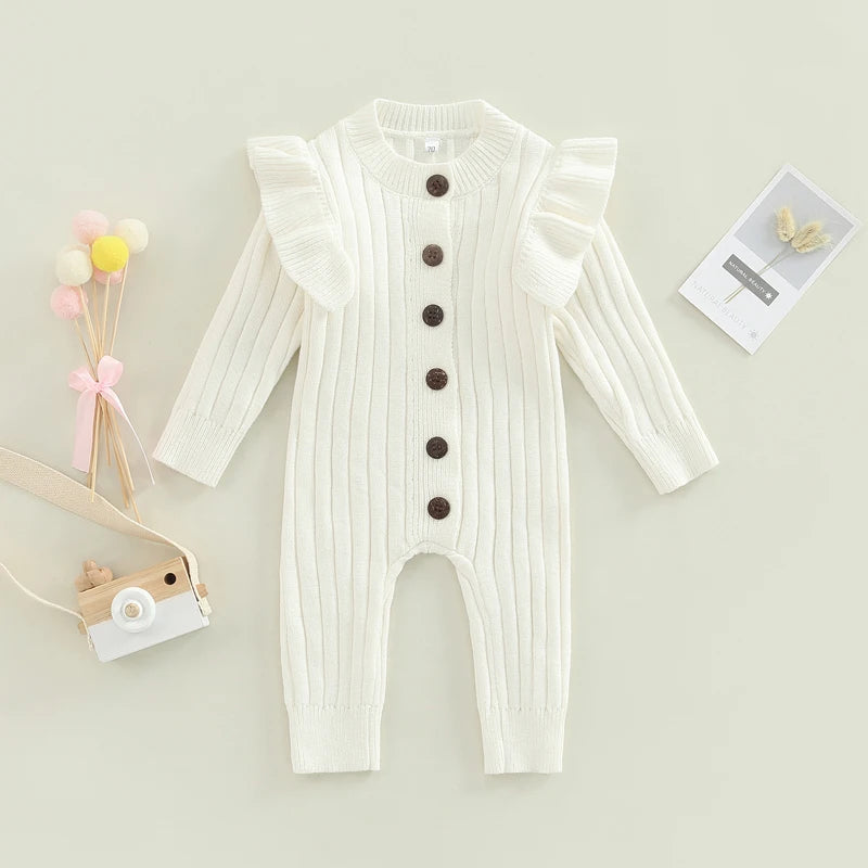 Lioraitiin 0-18M Baby Girl’s Knitted Long Sleeve Jumpsuit Fashion Solid Round Neck Button Casual Long Romper