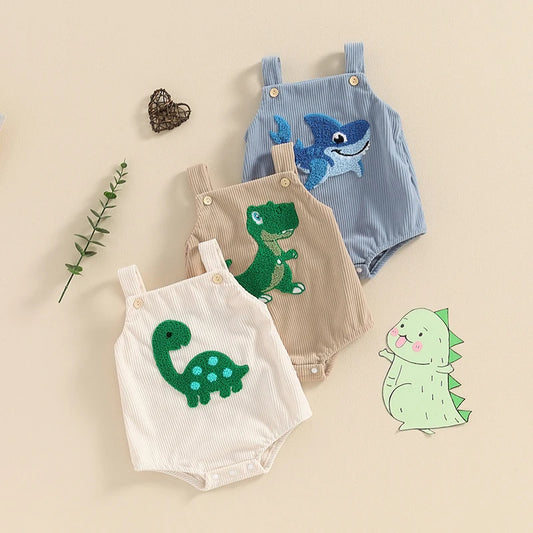 Lioraitiin Baby Girls Boys Summer Romper Sleeveless Dinosaur/Shark Embroidery Button Casual Romper