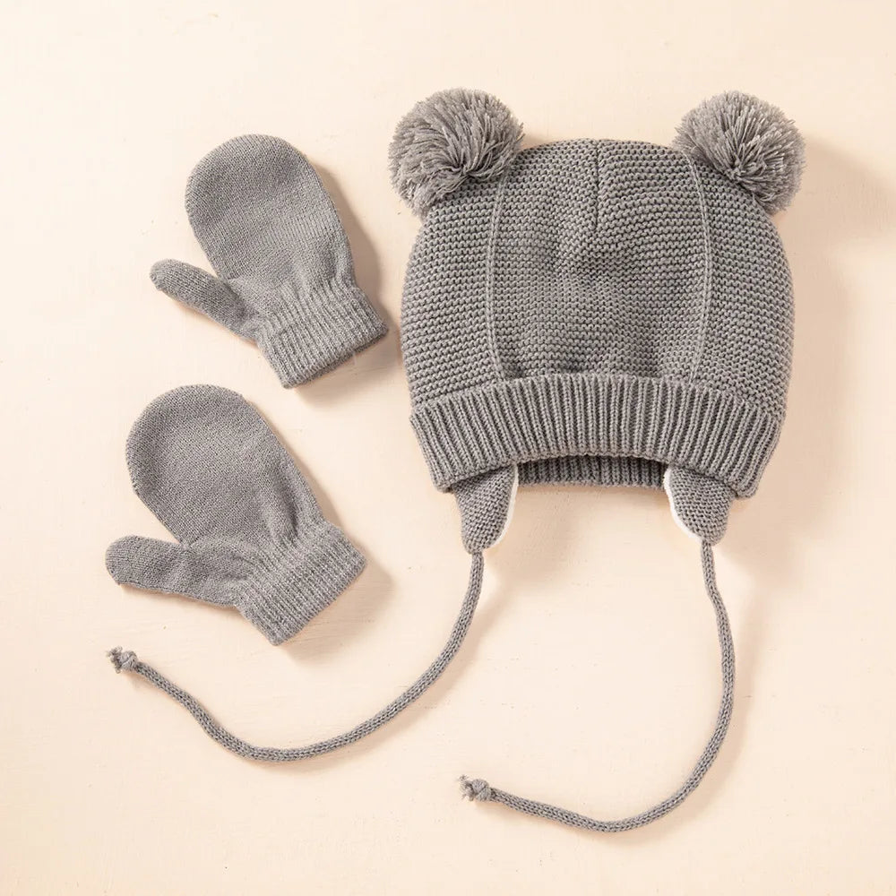 Cute Knitted Pompom Baby Hat Thick Warm Girl Boy Beanie Winter Ear Warm Cap Kids Glove Hats Bonnet Muts for Newborn