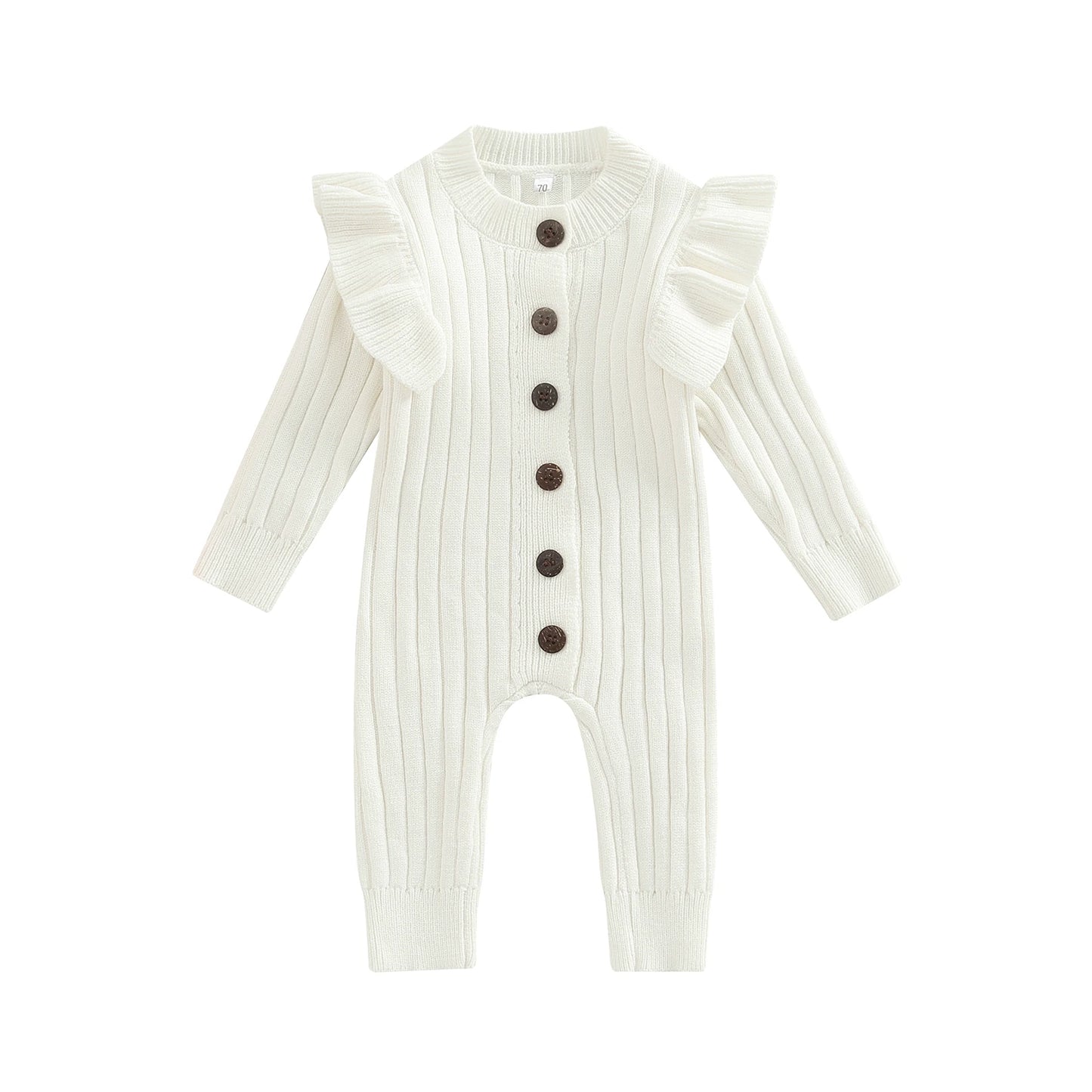 Lioraitiin 0-18M Baby Girl’s Knitted Long Sleeve Jumpsuit Fashion Solid Round Neck Button Casual Long Romper