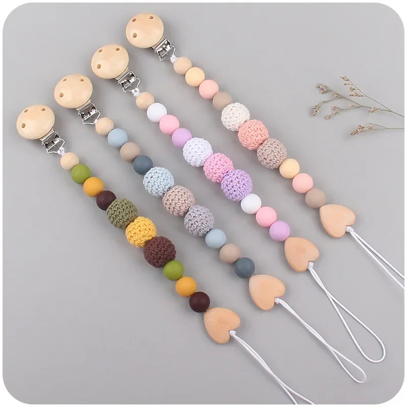 1-2 pcs Baby Pacifier Clip Wooden Teethers Bracelet Set Silicone Beads Babies Soothe Nipple Teething Toys Anti-lost Chain Newborn