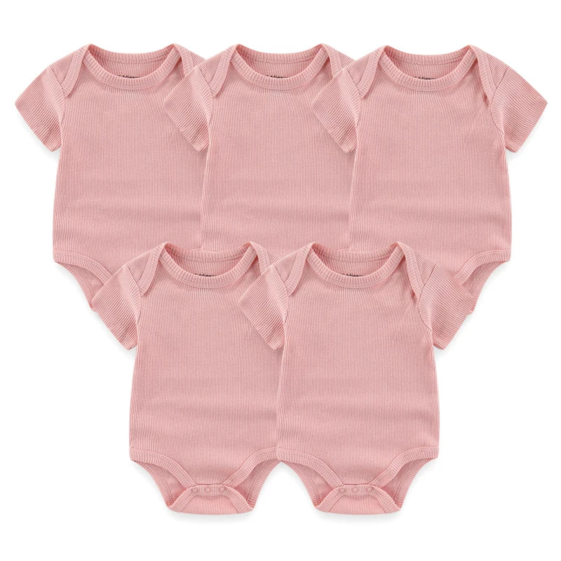 Solid Color 5Pieces Unisex Ribbed Cotton Newborn Baby Girl Clothes Set Short Sleeve Bodysuits Baby Boy Clothes Summer