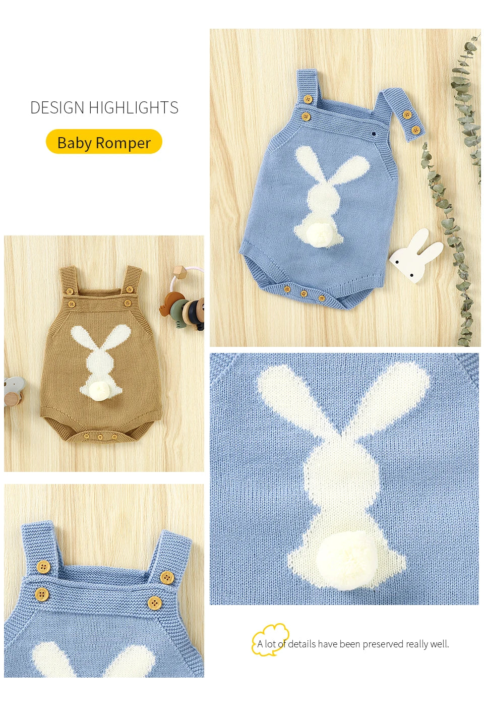 Spring Baby Bodysuits Clothes Cute Rabbit Knitted Newborn Boys Girls Strap Onesie Coveralls 0-18m Infant Easter Clothes Outfits