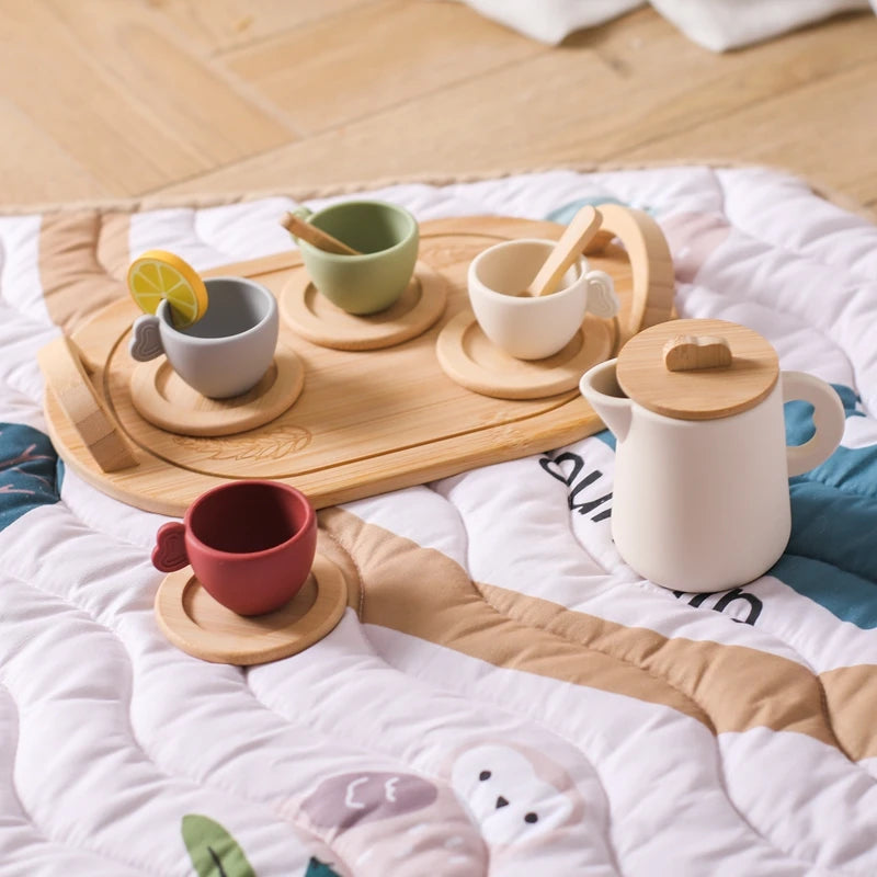 Wooden Children Montessori Toy Teapot Teacup Simulation Kitchen Utensil  BPA Free Silicone Kid Education Pretend Play Toy Gift