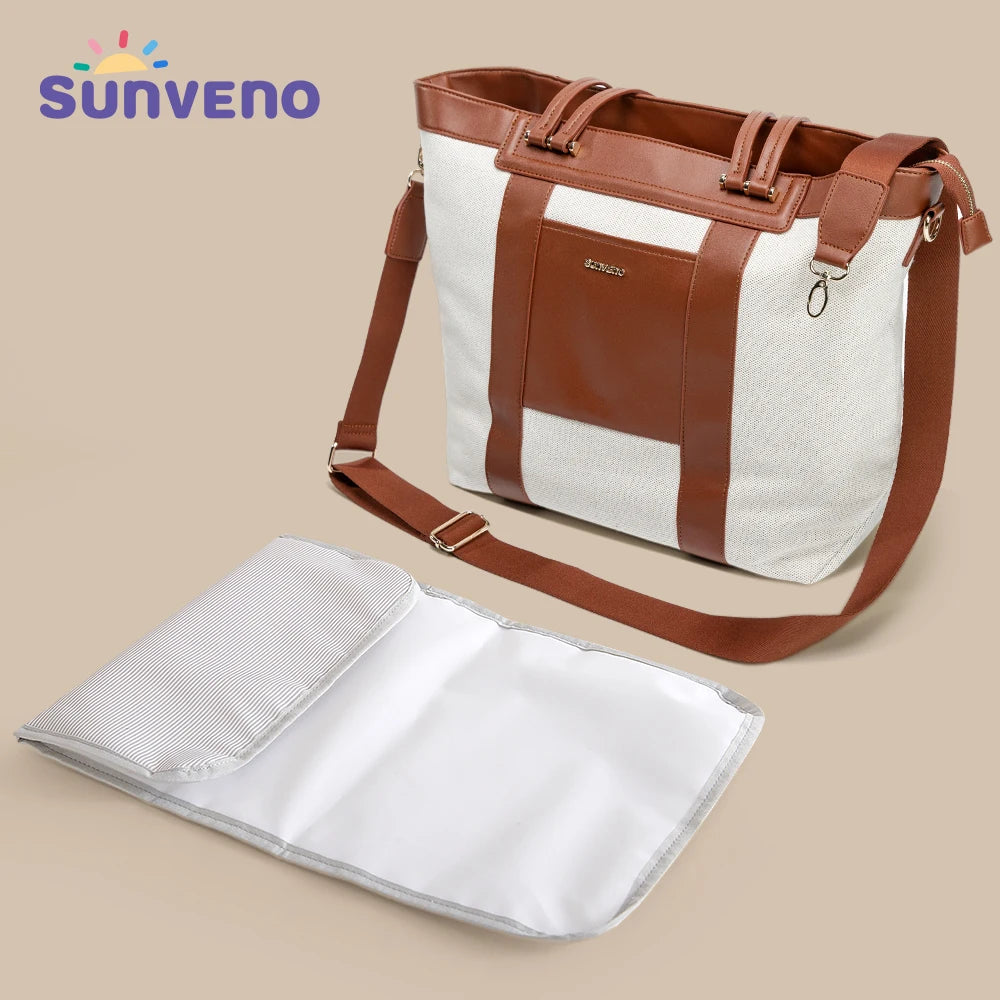 Sunveno Fashion Luxury Tote Diaper Bag Canvas+PU Stitching High Capacity Durable Shoulder Bags for Mommy