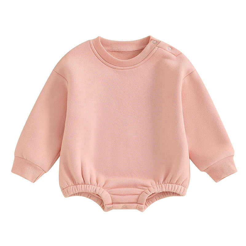 Lioraitiin 0-18M Newborn Baby Boy Girl Outfits Fleece Solid Color Bubble Bodysuit Sweatshirt Long Sleeve Warm Clothes