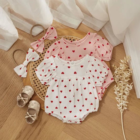 Summer Cute Baby Girls Romper Cotton Valentine's Day Infant Clothes Short Puff Sleeve Heart Print Jumpsuit with Bow Headband Set