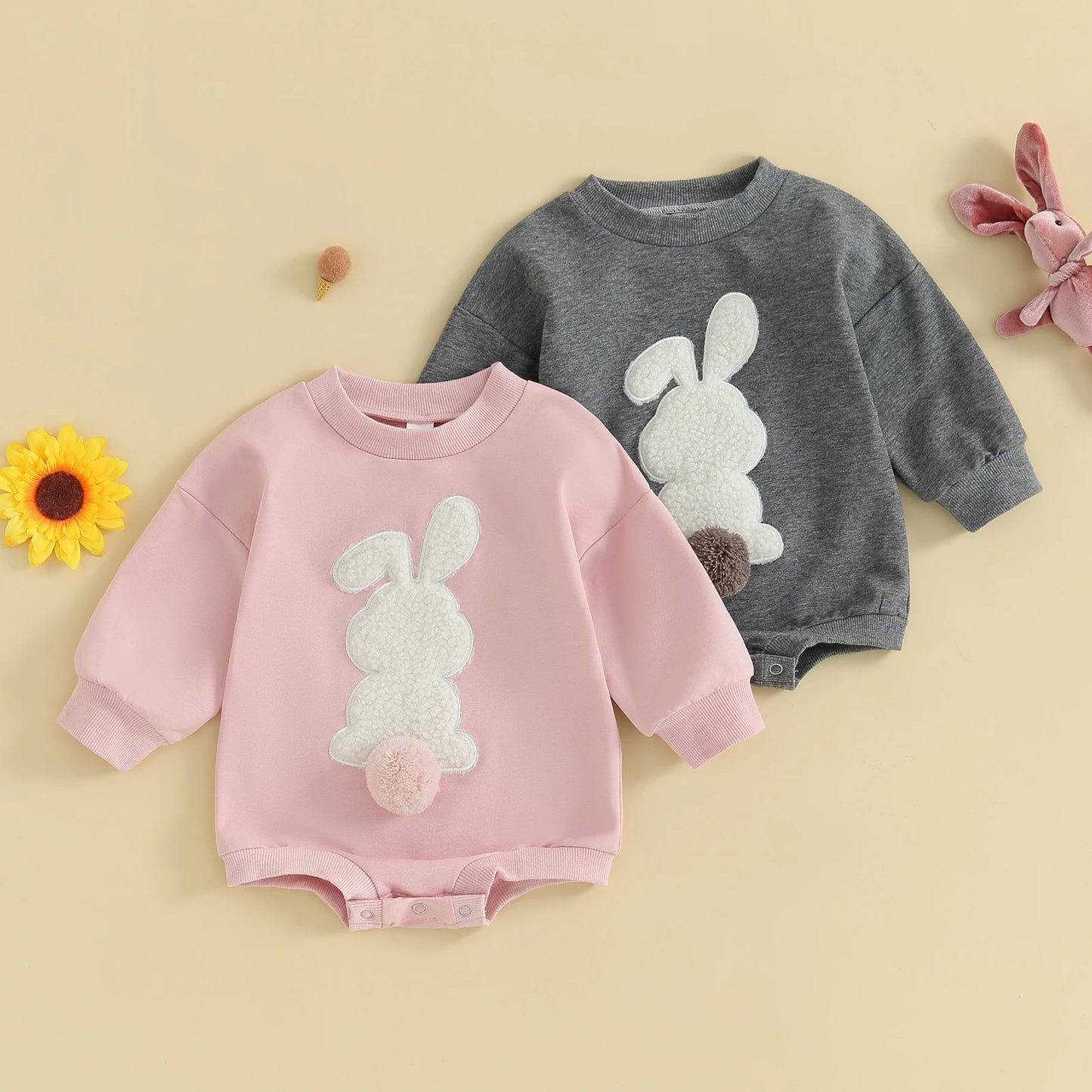 Citgeett Spring Easter Infant Baby Boys Girls Fall Sweatshirt Jumpsuit Bunny Embroidery Long Sleeve Bodysuit Clothes