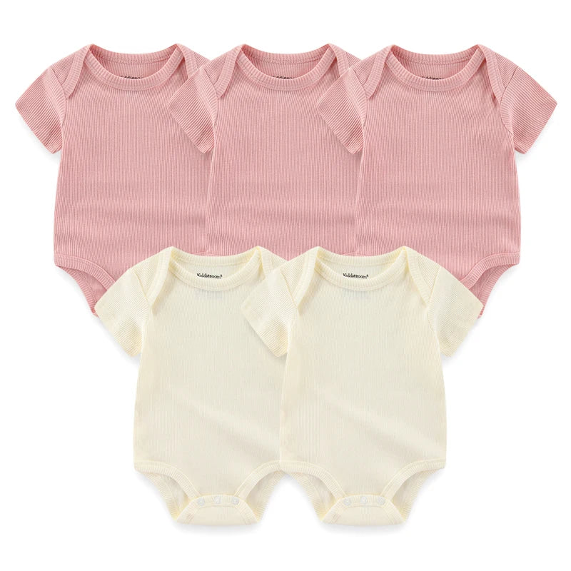 Solid Color 5Pieces Unisex Ribbed Cotton Newborn Baby Girl Clothes Set Short Sleeve Bodysuits Baby Boy Clothes Summer